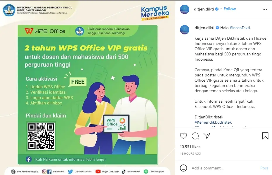 Dikti berikan WPS Office VIP Gratis