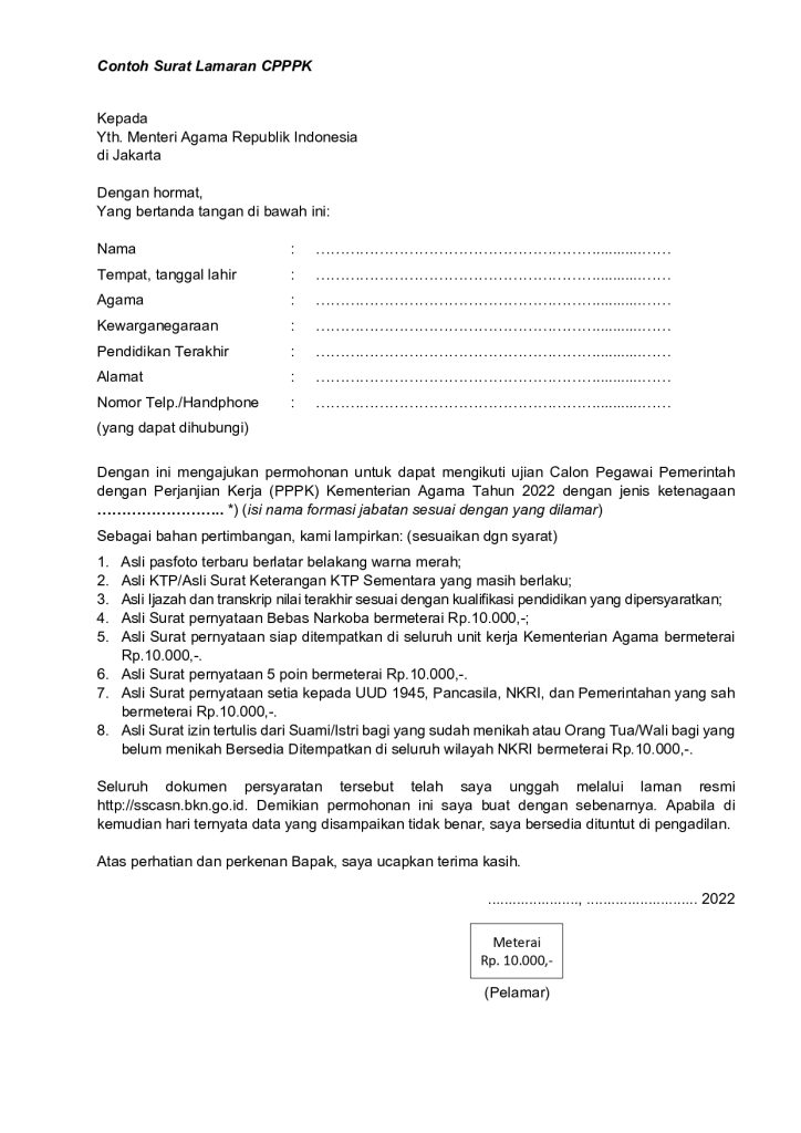 Format Surat Lamaran PPPK Kemenag 2022
