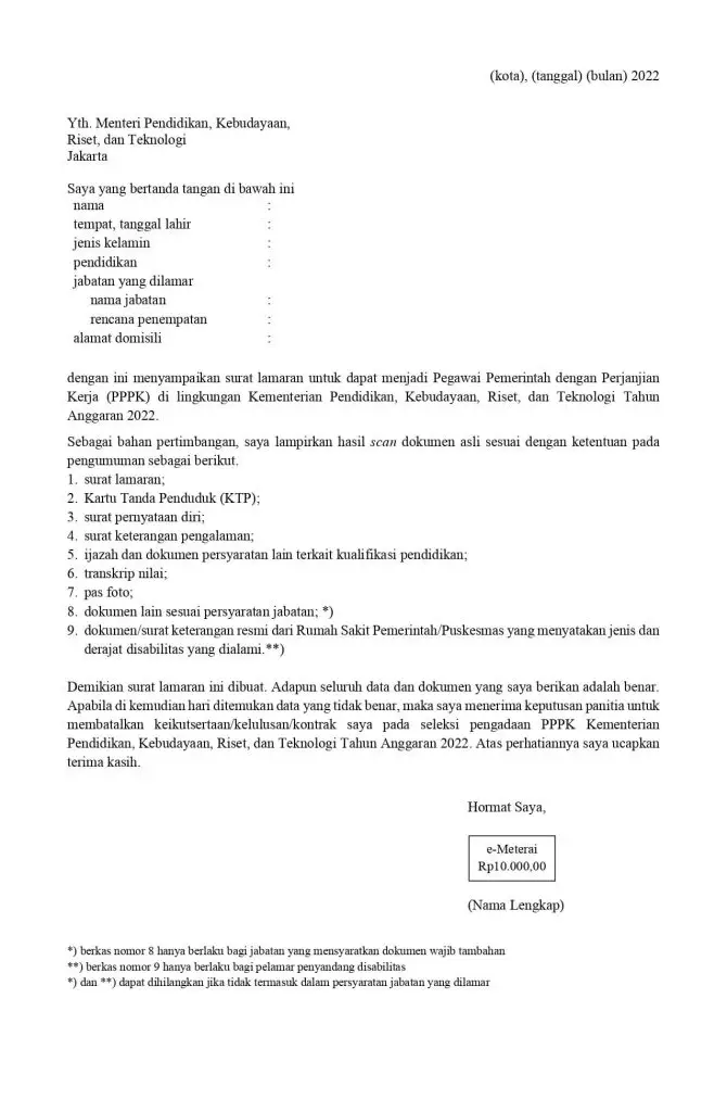 Format Surat Lamaran Seleksi PPPK Kemdikbud Ristek 2022 