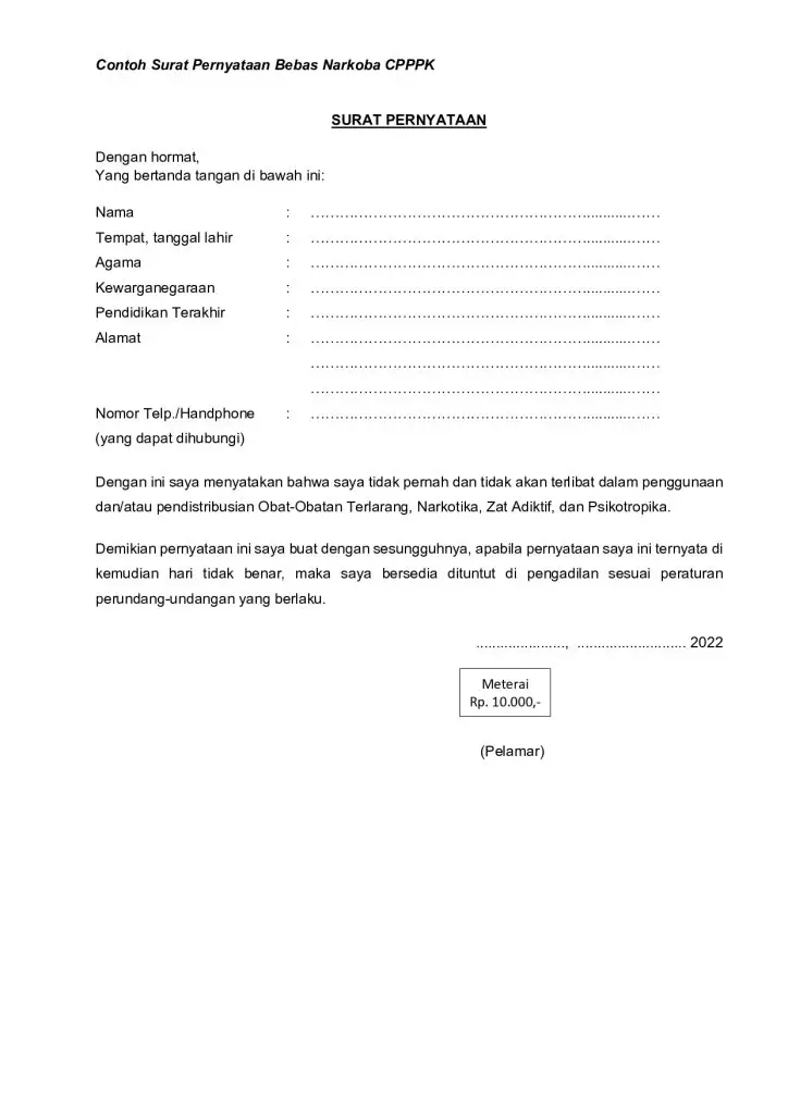 Format Surat Pernyataan Bebas Narkoba PPPK Kemenag 2022