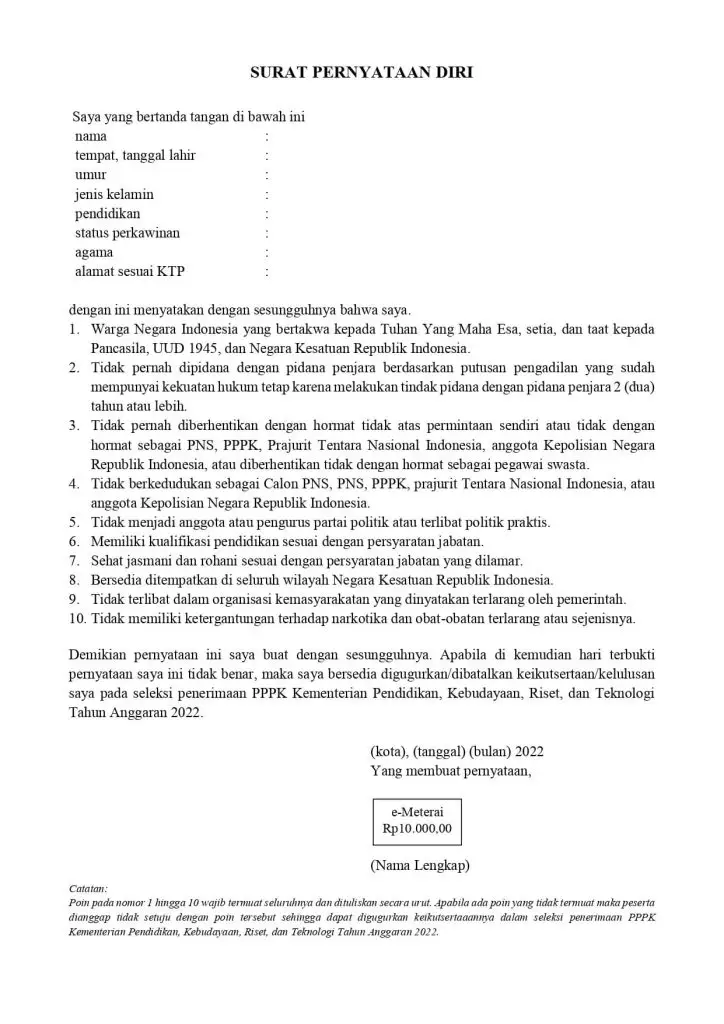 Format Surat Pernyataan Diri 10 Poin Seleksi PPPK Kemdikbud Ristek 2022