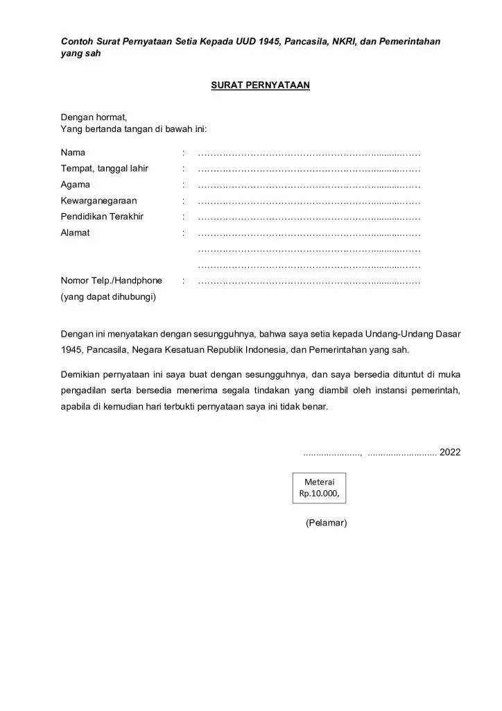 Format Surat Pernyataan Setia kepada UUD 1945, Pancasila, NKRI, dan Pemerintahan yang sah