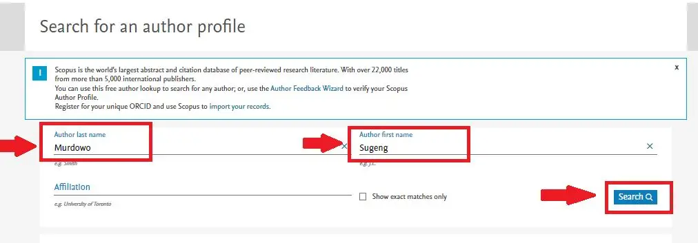 Form pencarian data penulis di menu Author Search di Scopus