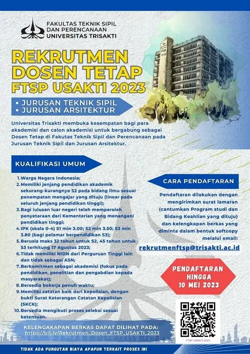 Rekrutmen Dosen Tetap Fakultas Teknik Sipil dan Perencanaan Universitas Trisakti (FTSP Usakti) Tahun 2023