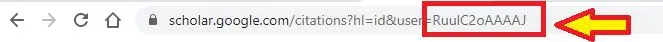Cara memperoleh Google Scholar ID. Cara mendapatkan Google Scholar ID. Deretan huruf paling akhir di link URL merupakan Google Scholar ID