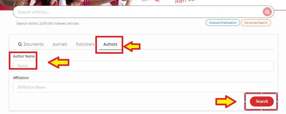 Klik tombol “Search”. Jika merasa nama yang dimiliki mirip dengan dosen lain di Indonesia, silakan isi kolom “Affiliate” dengan nama perguruan tinggi tempat dosen mengabdi baru klik tombol “Search”. 