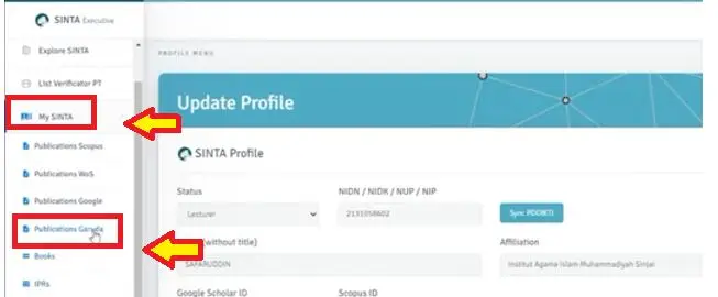 Masuk ke menu “My SINTA” yang terletak di sisi sebelah kiri. Kemudian pilih “Publications Garuda"