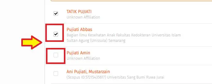 Maka tinggal klik kotakan kecil di sebelah kiri nama author tersebut untuk memberi tanda centang. Lakukan hal serupa untuk nama author lain.