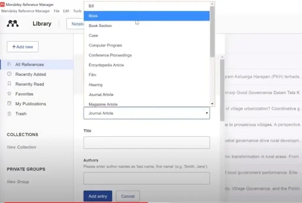 Isikan data dari referensi untuk memasukkan jurnal ke mendeley