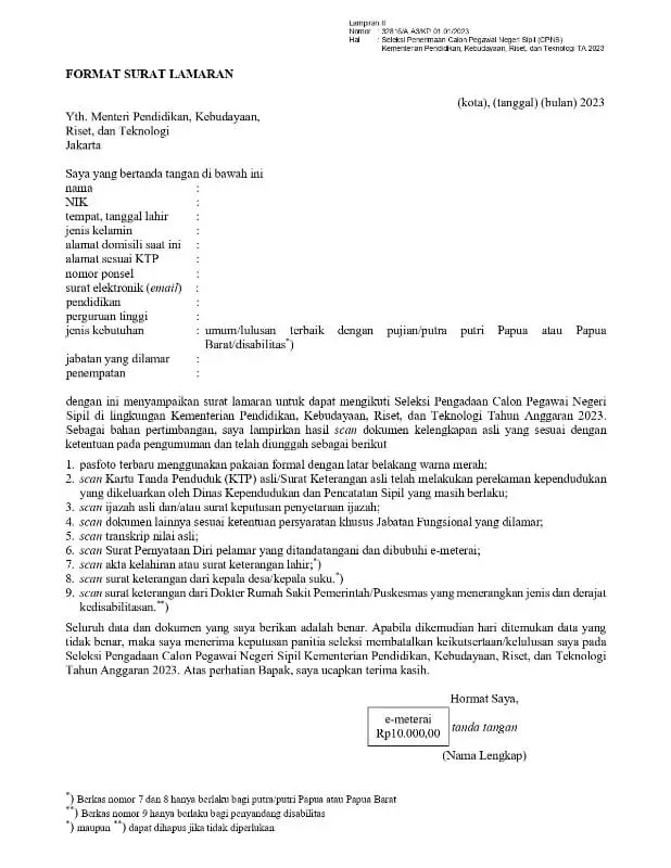 format surat lamaran dosen cpns