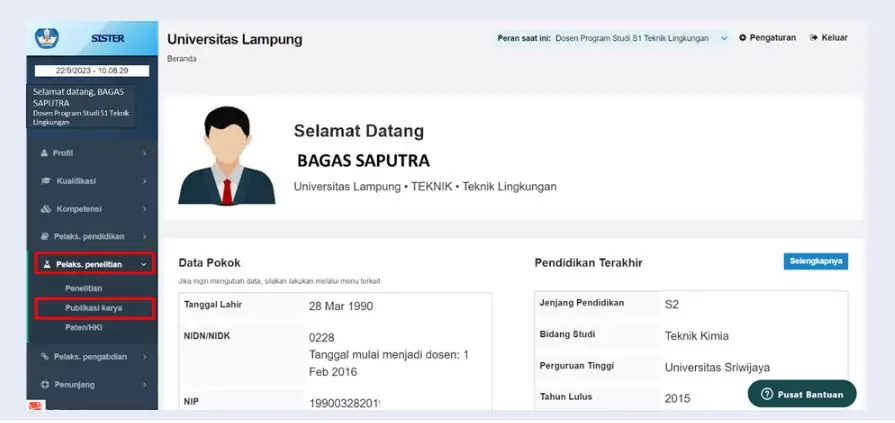 Setelah berhasil log in, klik menu “Pelaks. Penelitian”, kemudian pilih “Publikasi Karya”.