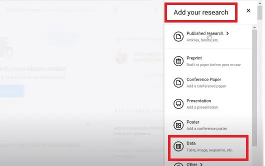 pada menu “Add your Research” silakan pilih “Data”