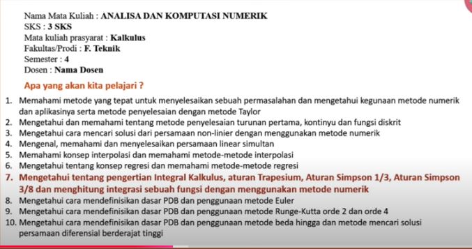 Identitas mata kuliah dan daftar materi yang akan dipelajari dalam satu semester