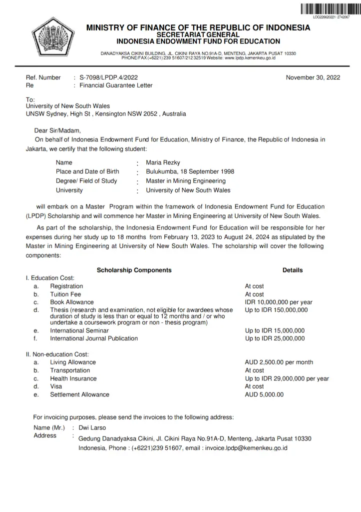 contoh letter of guarantee lpdp